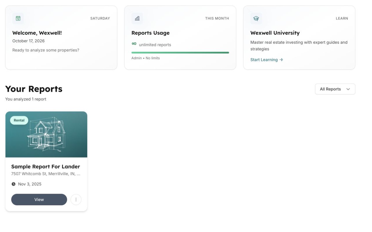 Wexwell dashboard with saved property analyses